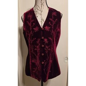 Ann Taylor Burgundy Velvet Floral Embroidered Vest Rayon Silk Blend Red 8 Vtg
